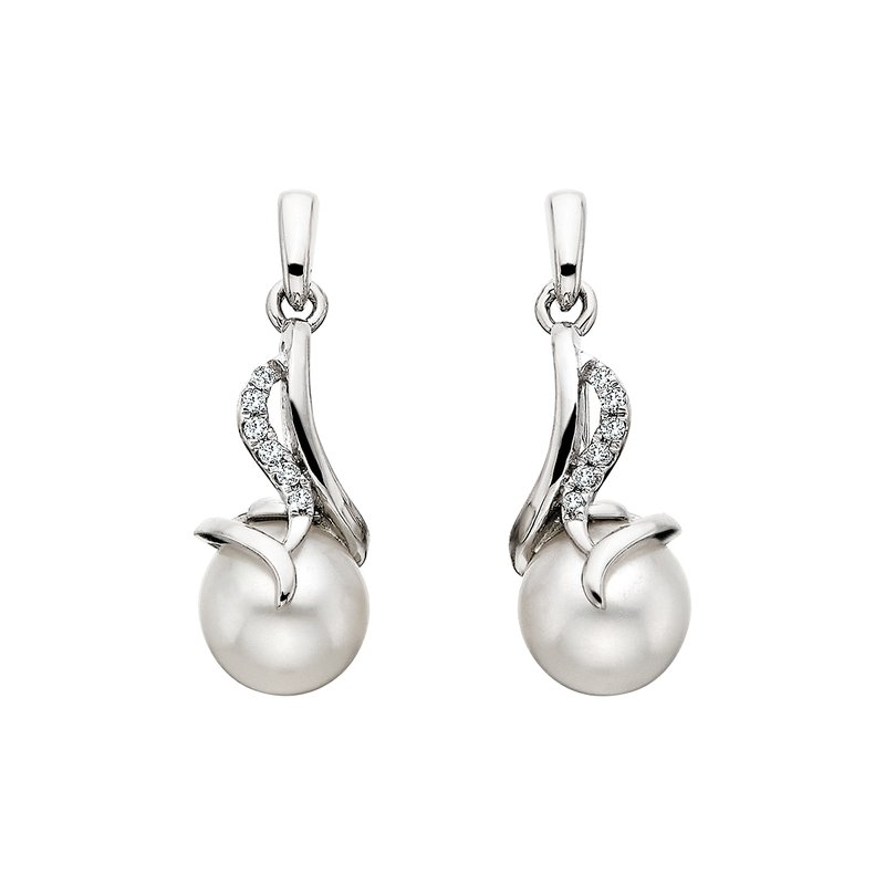 6.5mm Pearls and Diamonds Dangle Earrings