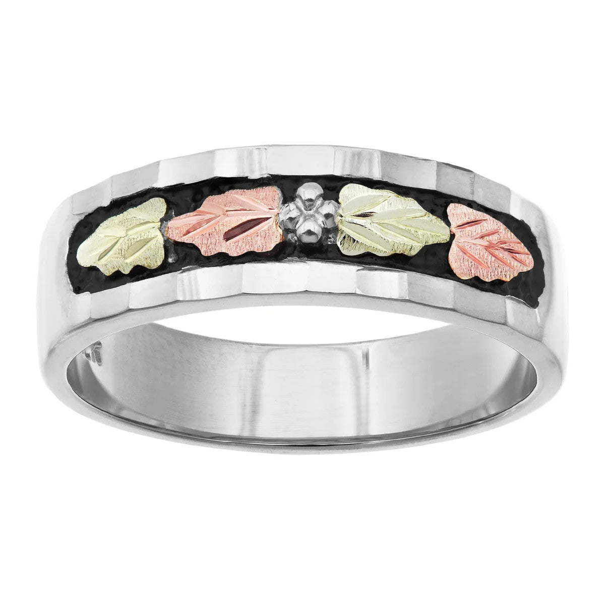 Landstrom's 925 and 12K accents Silver Rose and Green Antiqued Band