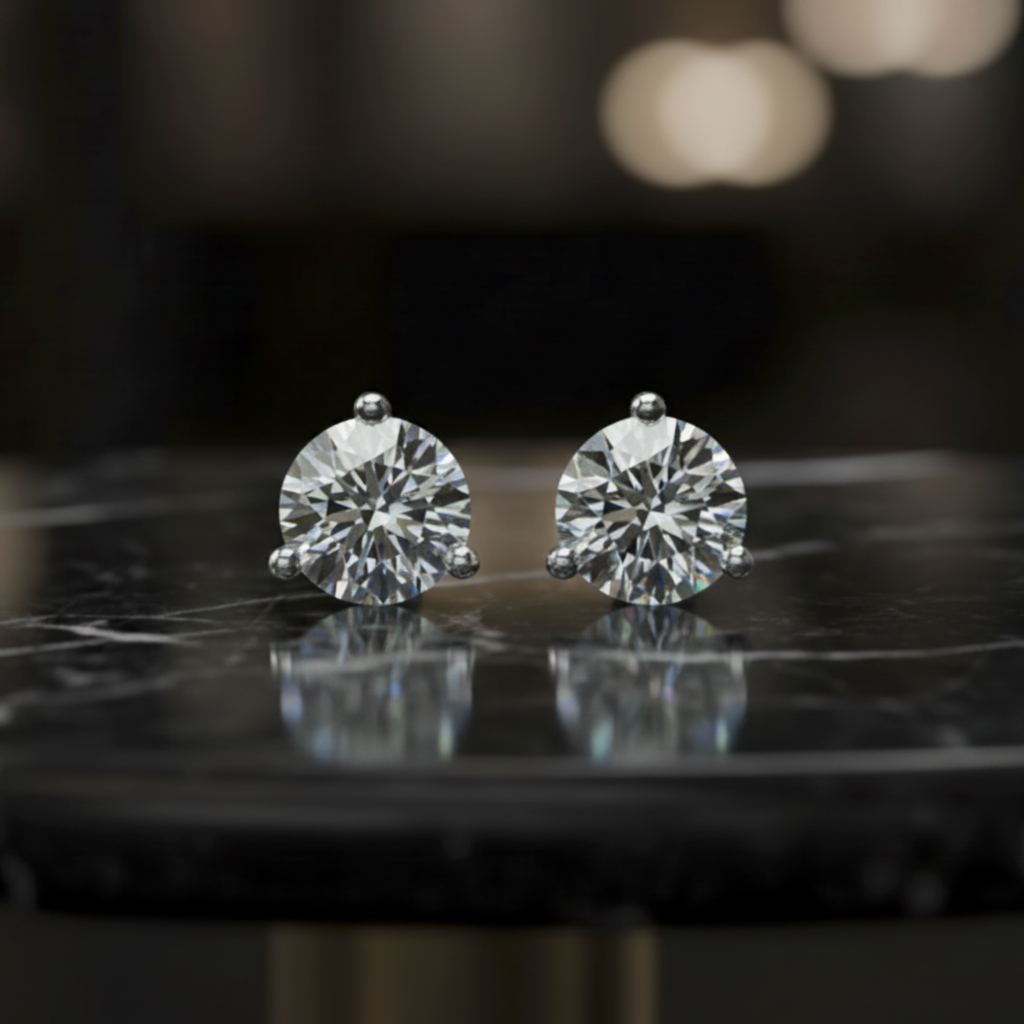 A pair of round brilliant-cut diamond stud earrings in a silver setting, displayed on a polished black marble surface with a dark, softly blurred background.