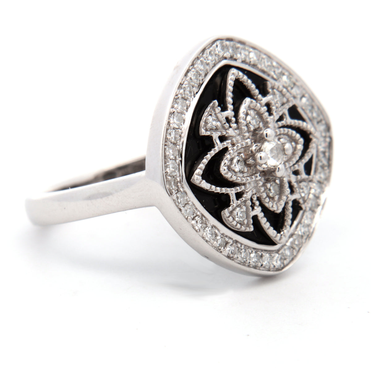 Onyx Vintage Inspired Halo Ring in 14 Karat White Gold
