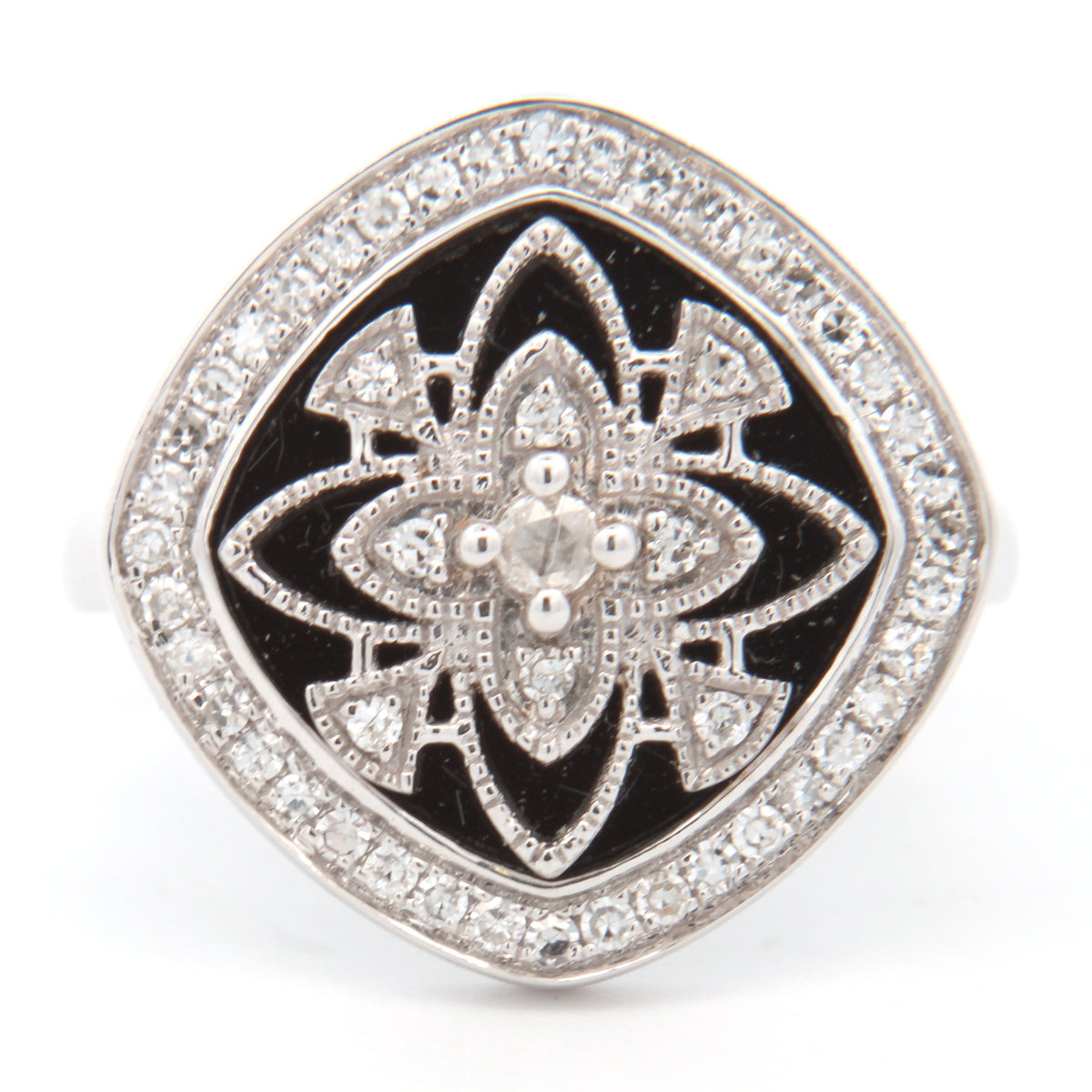 Onyx Vintage Inspired Halo Ring in 14 Karat White Gold