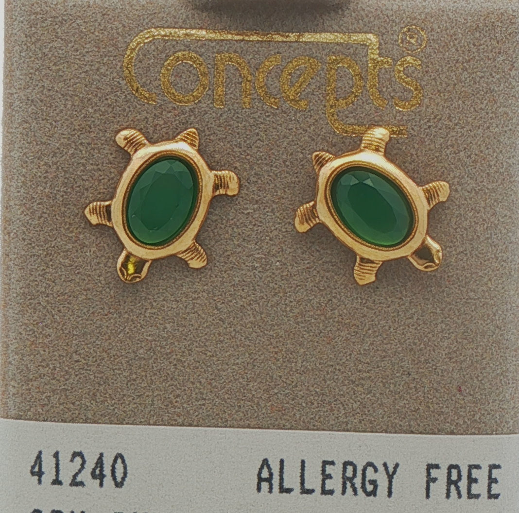 24K Gold Plated Surgical Stainless Steel Green Onyx Turtle Stud