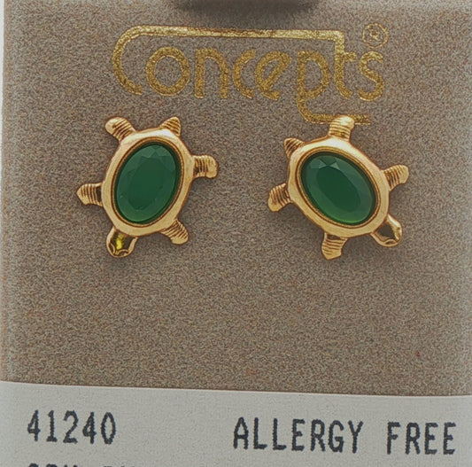 24K Gold Plated Surgical Stainless Steel Green Onyx Turtle Stud
