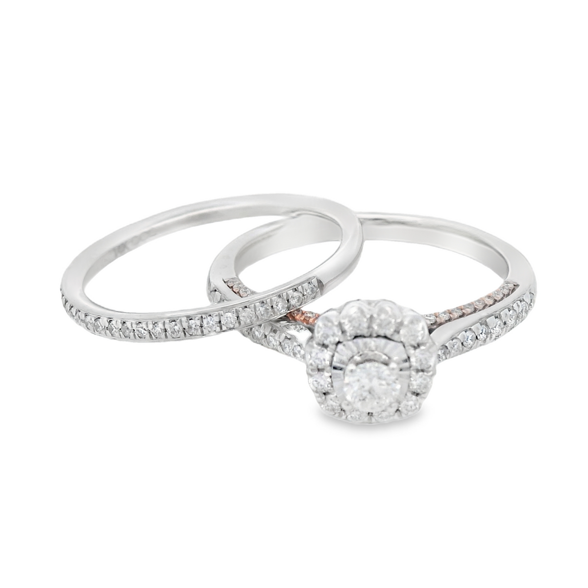 1/2cttw Vintage Inspired Halo Wedding Set in 14 Karat White and Rose Gold