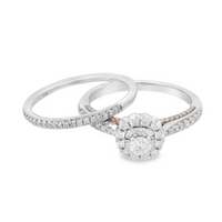 1/2cttw Vintage Inspired Halo Wedding Set in 14 Karat White and Rose Gold
