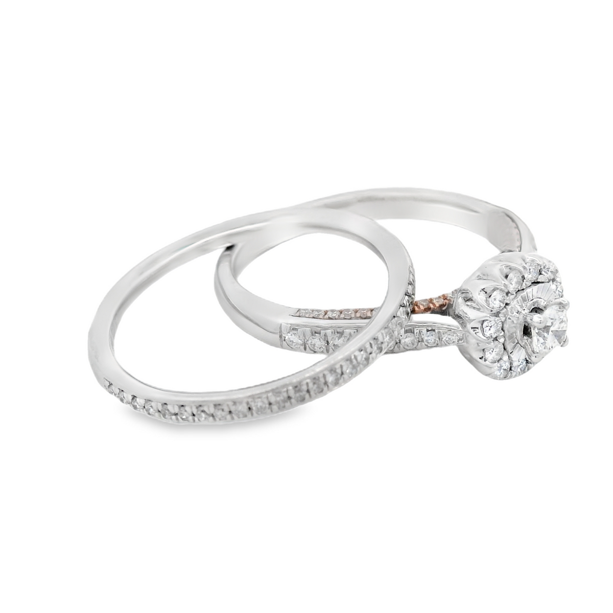1/2cttw Vintage Inspired Halo Wedding Set in 14 Karat White and Rose Gold