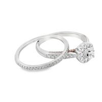 1/2cttw Vintage Inspired Halo Wedding Set in 14 Karat White and Rose Gold