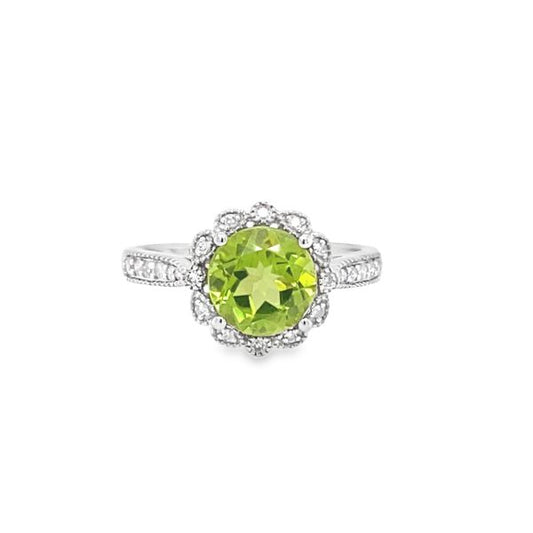 Peridot Vintage Inspired Floral Ring in 14 Karat White Gold