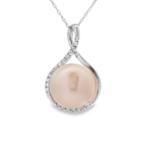 1/10 Cttw. 11mm Pearl and Diamonds Swirl Pendant