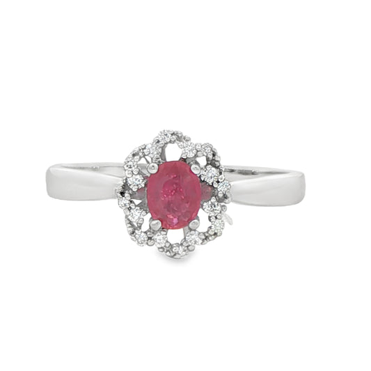 Ruby Vintage Inspired Halo Ring in 14 Karat White Gold