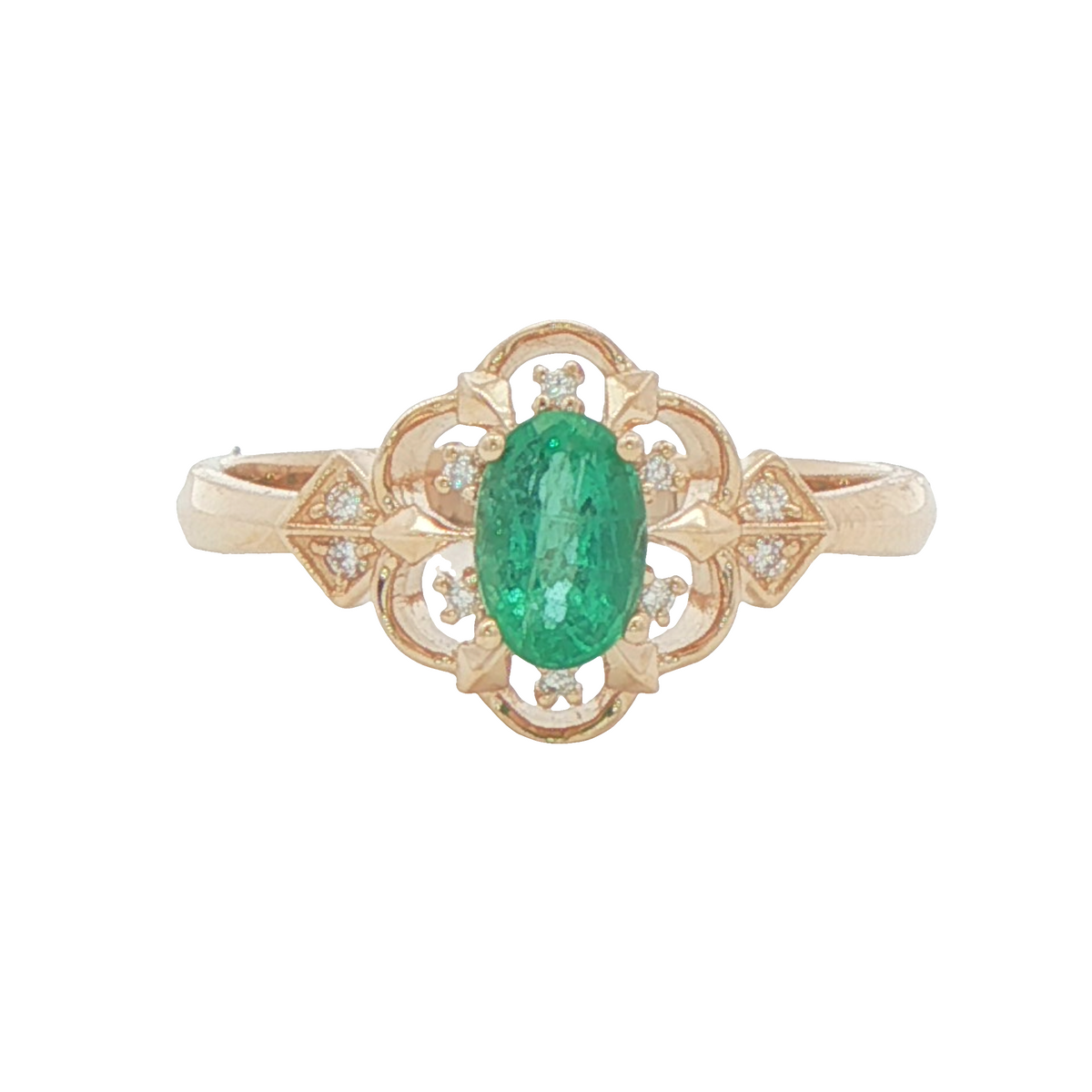 Emerald Open Halo Vintage Inspired Ring in 14 Karat Yellow Gold