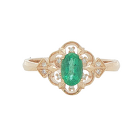 Emerald Open Halo Vintage Inspired Ring in 14 Karat Yellow Gold