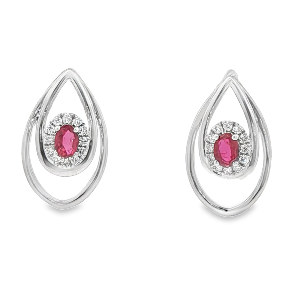 Rubies Statement Tear Drop Earrings in 14 Karat White Gold