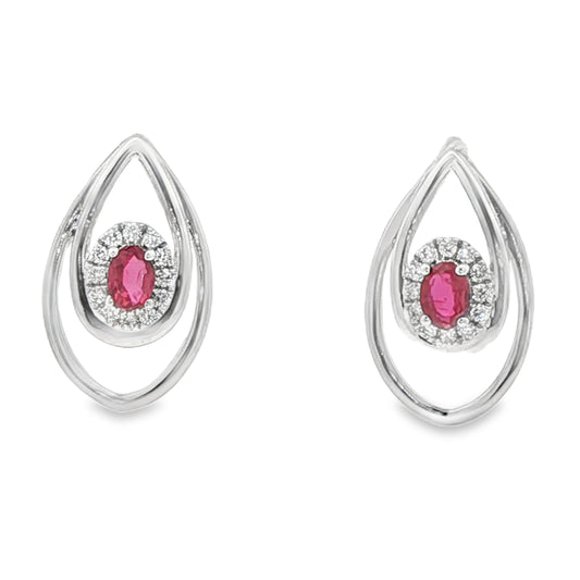 Rubies Statement Tear Drop Earrings in 14 Karat White Gold