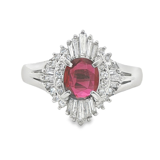 Ruby Vintage Inspired Halo Ring in PLAT Platinum