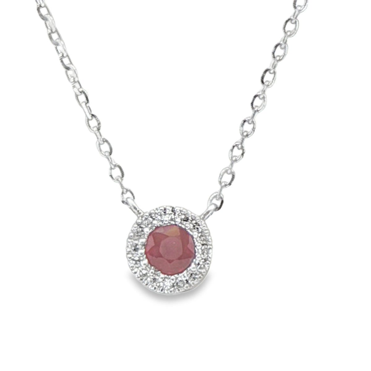 Ruby Classic Halo Necklace in 14 Karat White Gold