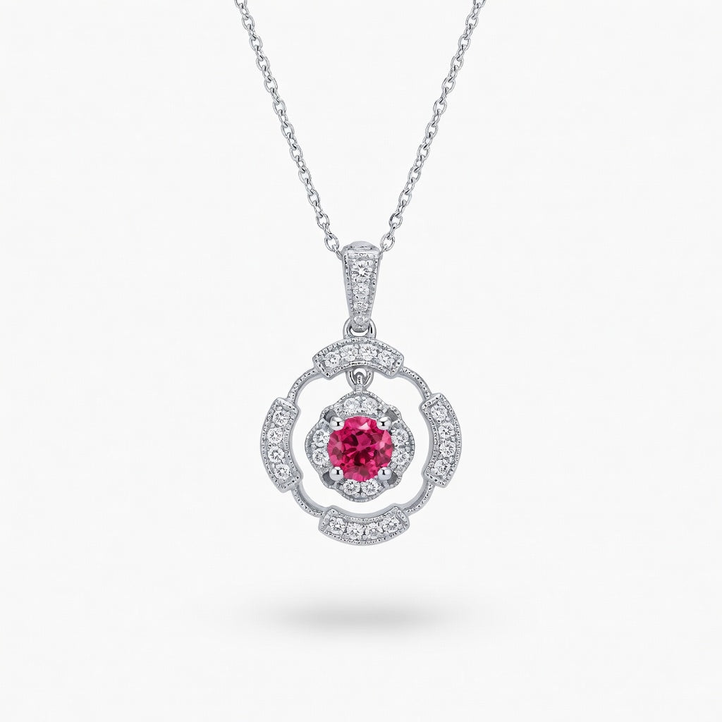 Ruby Vintage Inspired Pendant in 14 Karat White Gold