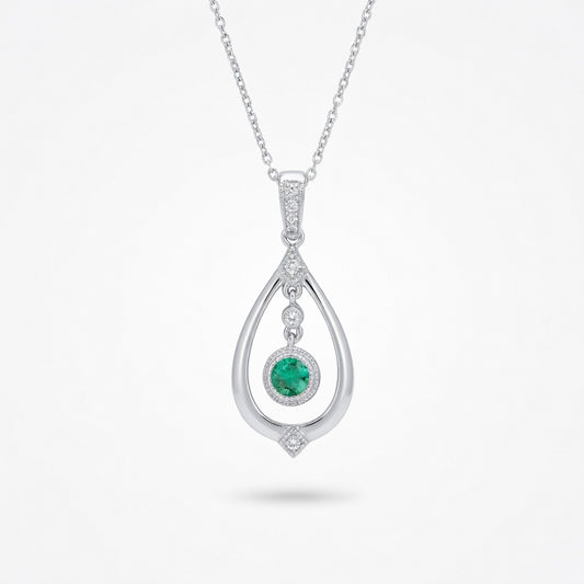 Emerald Vintage Inspired Pendant in 14 Karat White Gold