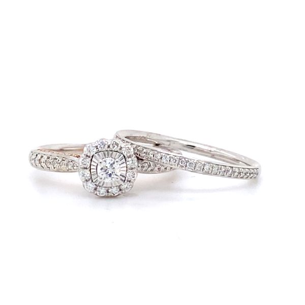 1/2cttw Vintage Inspired Halo Wedding Set in 14 Karat White and Rose Gold