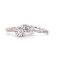 1/2cttw Vintage Inspired Halo Wedding Set in 14 Karat White and Rose Gold
