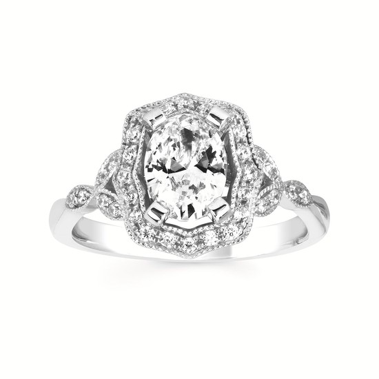 1-3/8cttw Vintage Inspired Halo Wedding Set in 14 Karat White Gold
