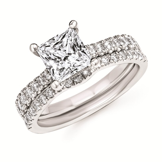 2-1/10cttw Modern Accented Wedding Set in 14 Karat White Gold