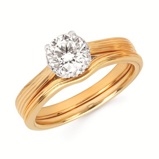 7/8cttw Modern Hidden Halo Wedding Set in 14 Karat Yellow Gold