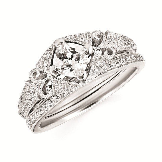 1-1/10cttw Vintage Inspired Swirl Wedding Set in 14 Karat White Gold