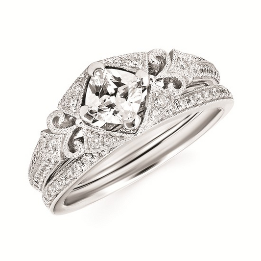 1-1/10cttw Vintage Inspired Swirl Wedding Set in 14 Karat White Gold