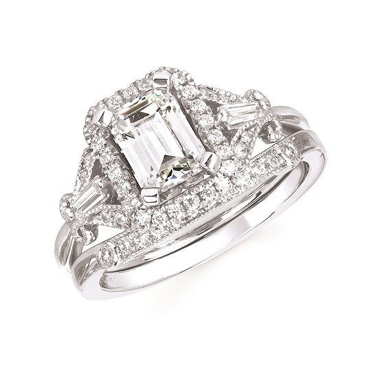 1-3/8cttw Vintage Inspired Halo Wedding Set in 14 Karat White Gold