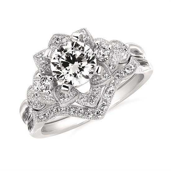 1-3/4 cttw Vintage Inspired Floral Halo Wedding Set in 14 Karat White Gold