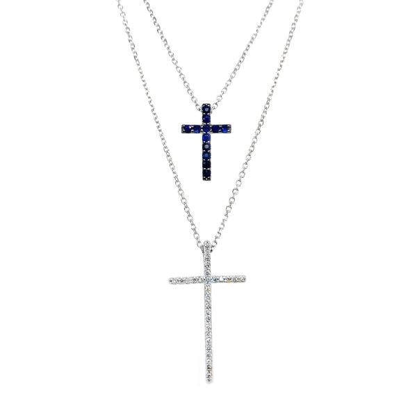 Sapphires Religious Cross Necklace in 10 Karat White Gold