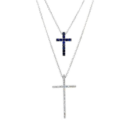 Sapphires Religious Cross Necklace in 10 Karat White Gold