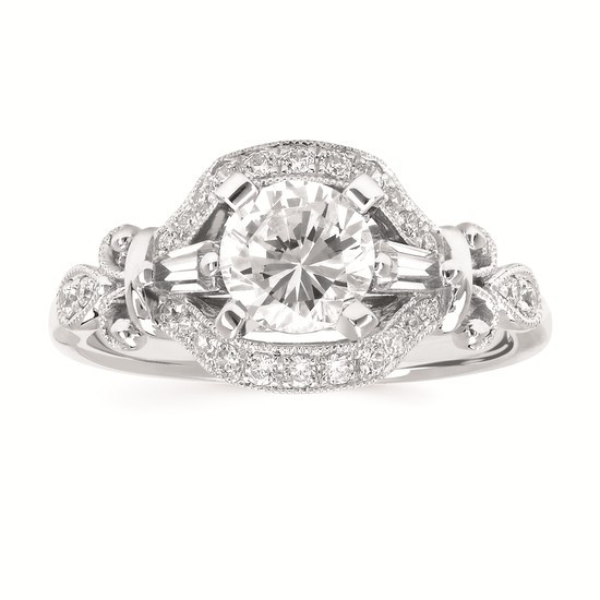 1-1/2 cttw Vintage Inspired Halo Wedding Set in 14 Karat White Gold