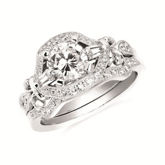1-1/2 cttw Vintage Inspired Halo Wedding Set in 14 Karat White Gold