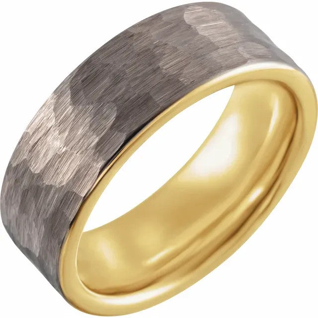 Tungsten 18k yellow gold PVD with satin hammer finish