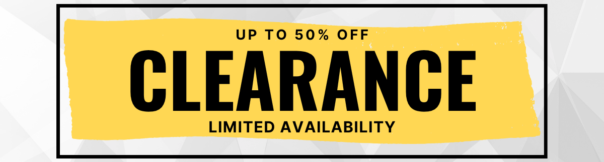 Clearance sale banner with 'Up to 50% off' text on a geometric patterned background