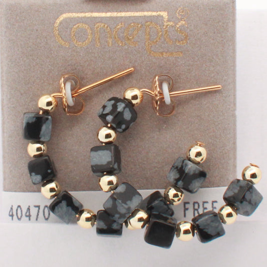 24K Gold Plated Surgical Stainless Steel Snowflake Obsidian Hoop