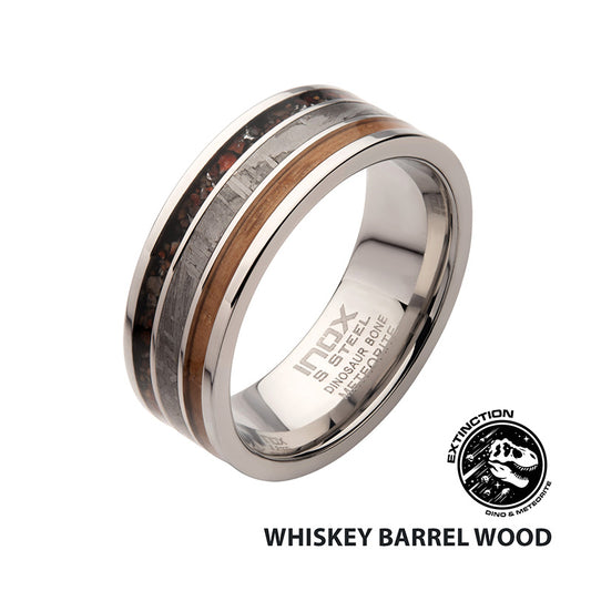 Matte Finish Black Dinosaur Bone, Meteorite & Whiskey Barrel Wood Inlay Band